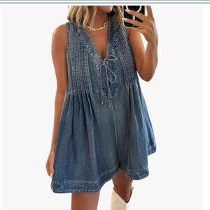 Women Oversized Cute Denim Romper Shorts Overall Dress Sleeveless V Neck Ruffle